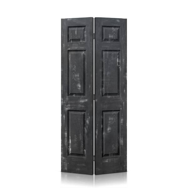 CALHOME 24 in. x 84 in. Hollow Core Vintage Black Stain 6 Panel MDF Composite Bi-Fold Closet Door with Hardware Kit