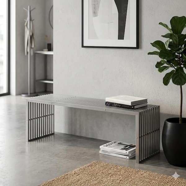 Benjara Silver Dining Bench Backless with Slatted Design 55 in