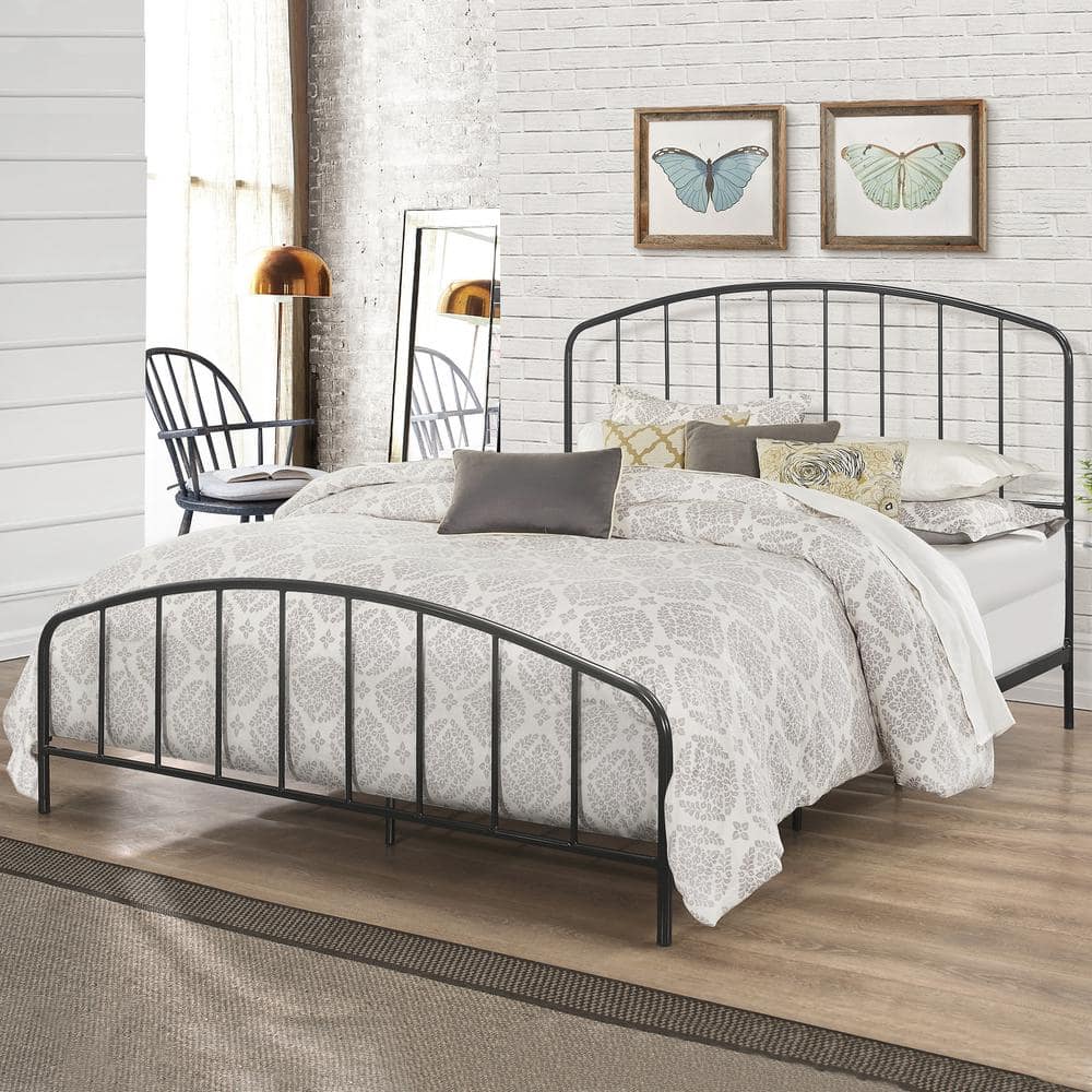 Sleek Satin Black Queen Metal Bed with Arched Spindle Headboard