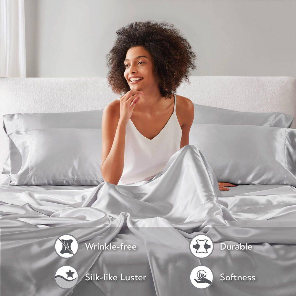 Light Grey Satin California King Sheet Set with Pillow Covers