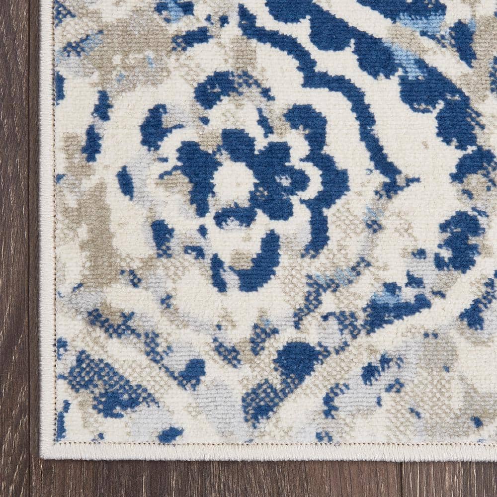 Ivory Blue Moroccan Ogee Damask Rectangular Area Rug