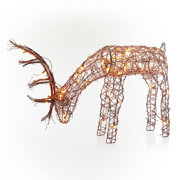 24 in. Tall Rattan Grazing Reindeer Decoration with Halogen Lights