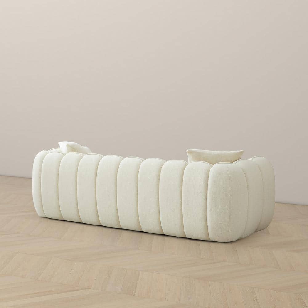 Cream White Tufted Microfiber 3-Seater Sofa with Wood Base