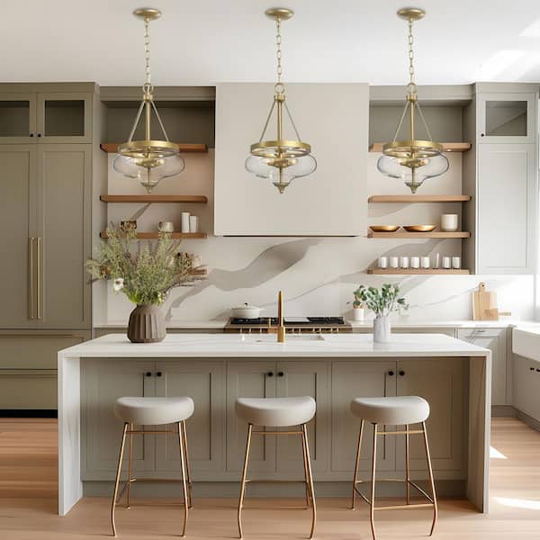 Transitional Island Round Pendent Light, 3-Light Brass Circle Pendant Hanging Light with Clear Glass Shade