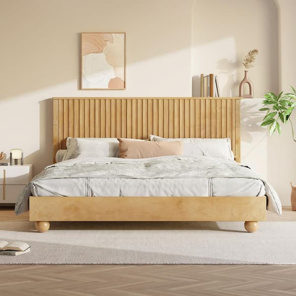 Montera Modern Country Natural Brown Finish Wood Frame King Size Platform Bed with Stripe Reeded Headboard