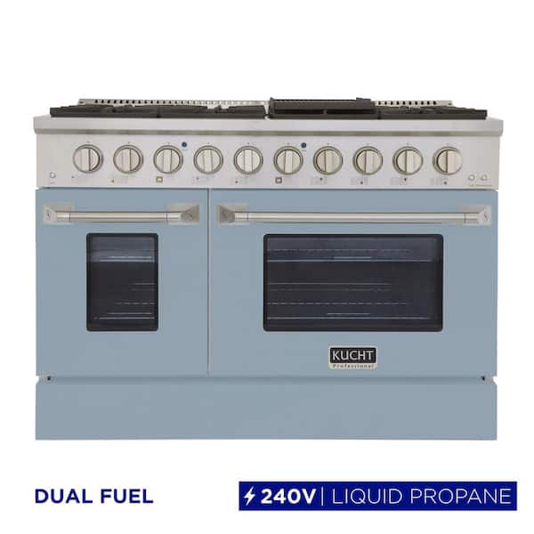48 in. 6.7 cu. ft. 8-Burners Double Oven Dual Fuel Range Propane Gas in Stainless Steel and Light Blue Oven Doors