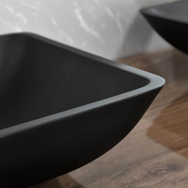 22 in. Corner Rectangular Bathroom Sink with Faucet and Pop-Up Drain in Matte Black Glass