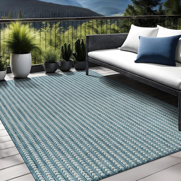Arrow Aqua 9 ft. x 12 ft. Chevron Striped Washable Indoor Outdoor Area Rug