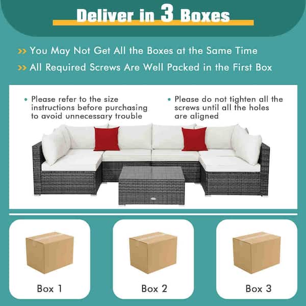 7-Piece Patio Rattan Furniture Set Sectional Sofa Cushioned Off White