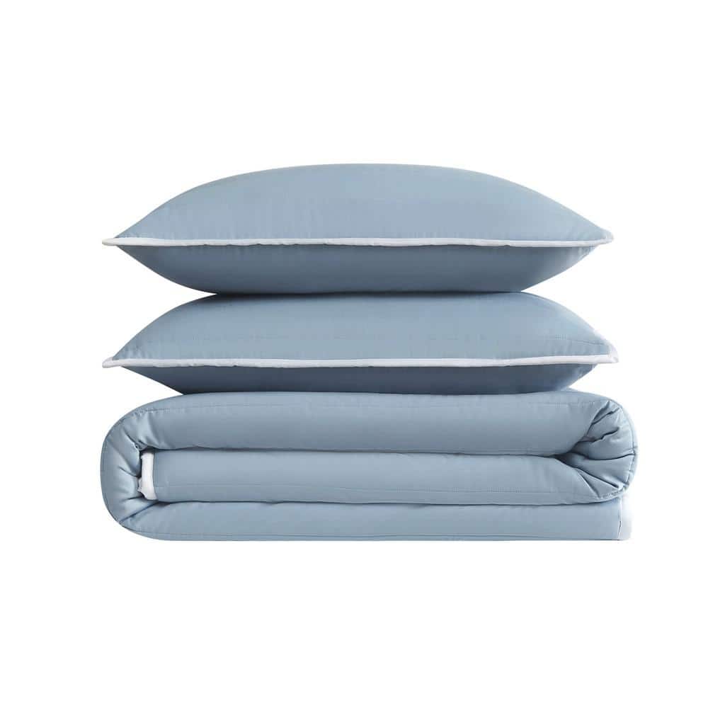 Blue Cotton Sateen Twin XL Quilt Set with Shams