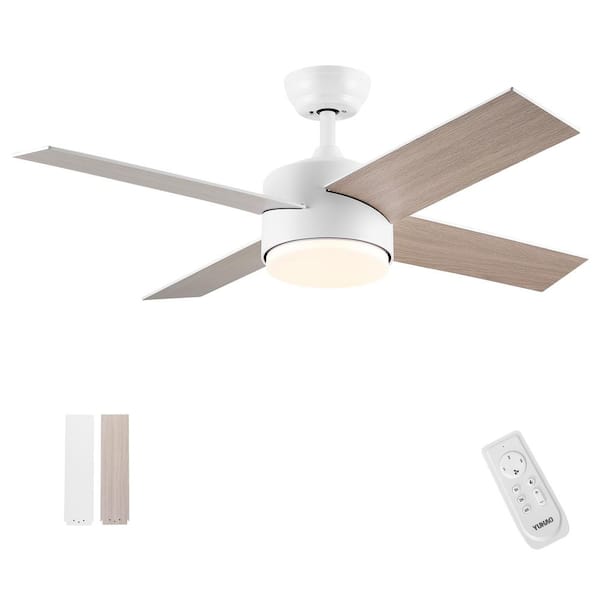 YUHAO 44 in. Integrated Indoor White Wood Grain Ceiling Fan with Light Kit, Remote Control and 4 Reversible Plywood Blades