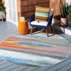 Barbados Light Blue/Pink 7 ft. x 7 ft. Gradient Abstract Indoor/Outdoor Patio  Round Area Rug