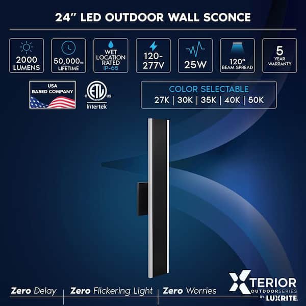 24 in. LED Outdoor Hardwired Wall Sconce, 25W, 2000 Lumens, 5CCT Selectable (2700K-5000K), Dimmable, CRI 90, ETL, Black