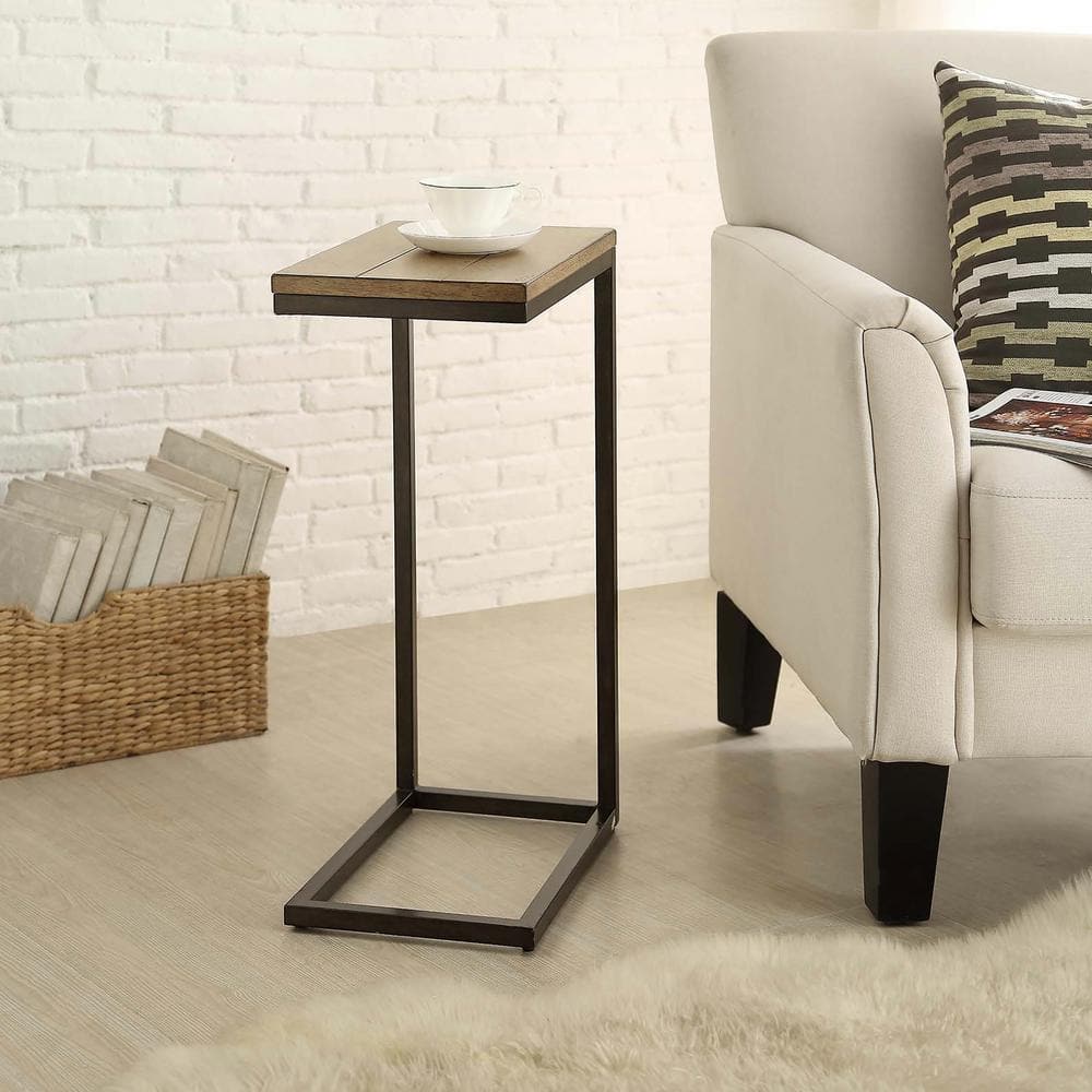 Aged Iron & Harvest Oak C Table with Grooved Wood Top