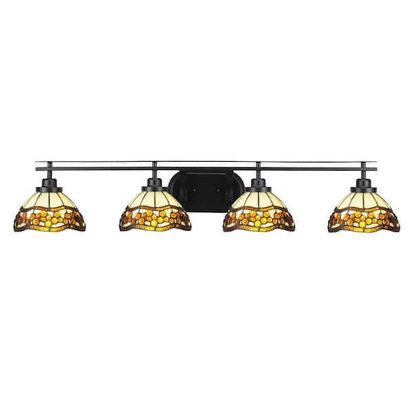Unbranded Monroe 40.25 in. 4-Light Brushed Nickel Vanity-Light with 7 in. Roman Jewel Art Glass Shade No Bulbs Included