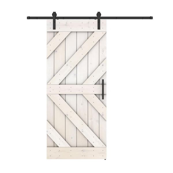 Dessliy Triple KL 24 in. x 84 in. White Finished Pine Wood Sliding Barn Door with Hardware Kit (DIY)