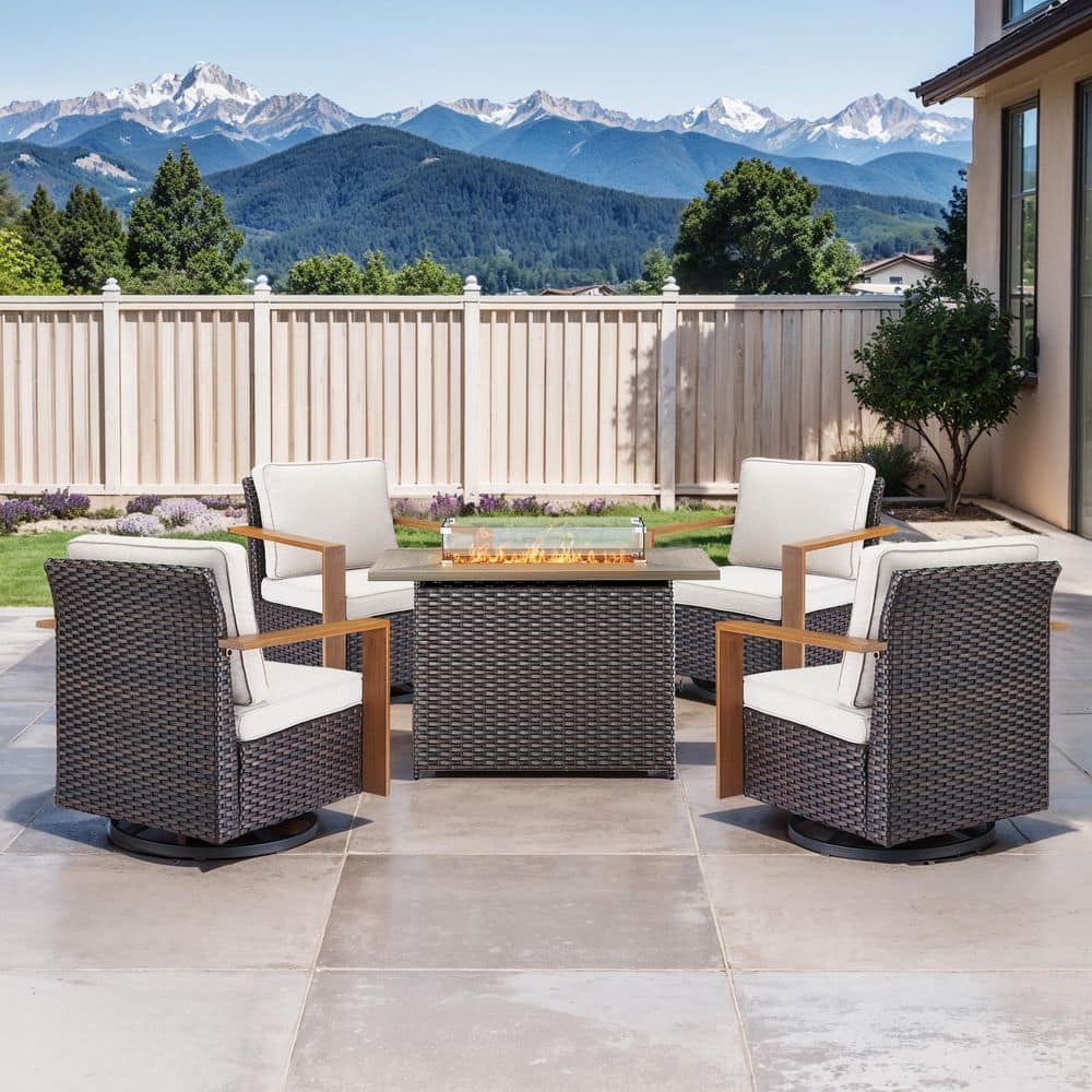 Funky 5-Piece Wicker Patio Conversation Set with 50000 BTU Gas Fire Pit Table and Swivel Chairs with Beige Cushions price history on PriceWatchPro