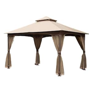 10 ft. x 13 ft. khaki Outdoor Gazebo with Mosquito Netting, Metal Frame Double Roof