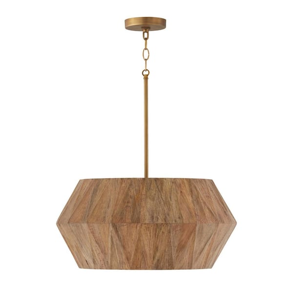 Nadeau 60-Watt 4-Light Hand-Distressed Patinaed Brass and Handcrafted Mango Wood Pendant Light and No Bulbs Included