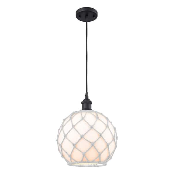 Innovations Farmhouse Rope 1-Light Matte Black Globe Pendant Light with White Glass with White Rope Glass and Rope Shade