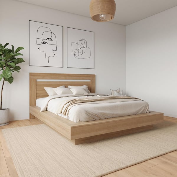 Byron Brown Oak Frame Queen Size Platform Bed with Headboard