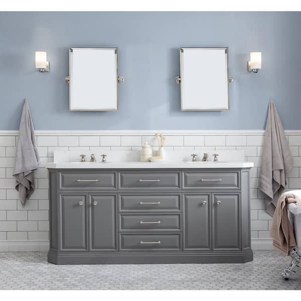 Water Creation Palace 72 in. W x 22 in. D x 34 in. H Double Sink Bath Vanity in Cashmere Grey with Carrara White Quartz Top and Faucets