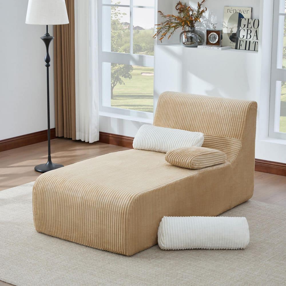 Pyvon Modern Coffee Corduroy Fabric Upholstered Boneless Compressed Chaise Lounge Single Sofa with Pillows