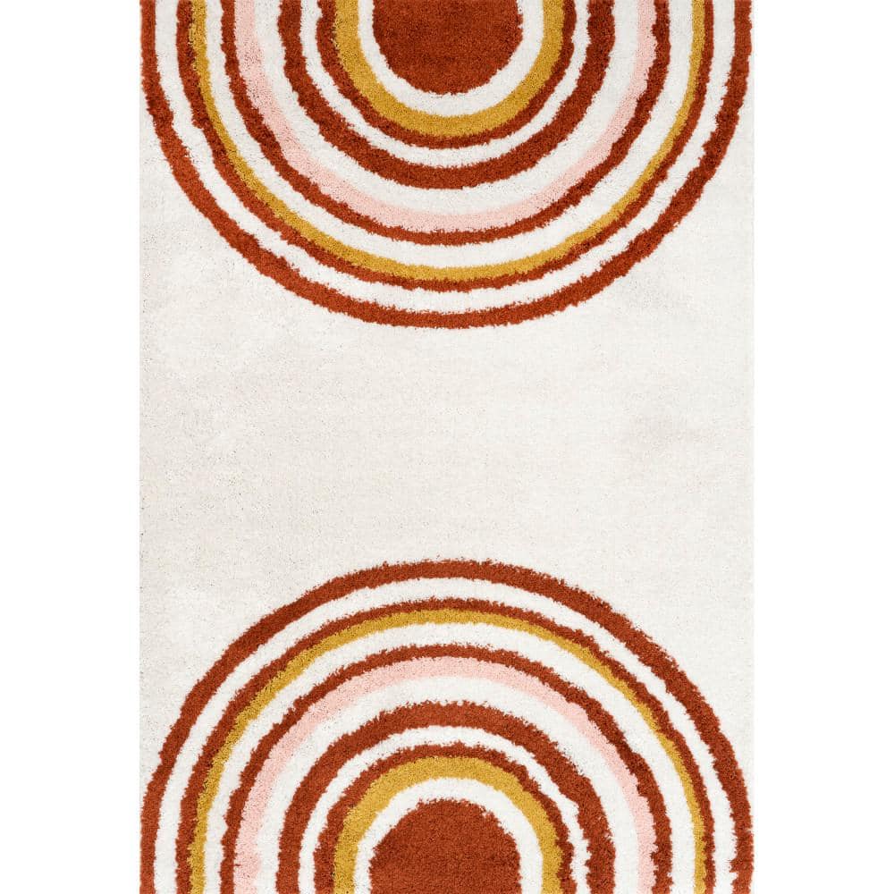 Dotty Half Sunset Shag Area Rug, 6' 7" x 9', Orange and White