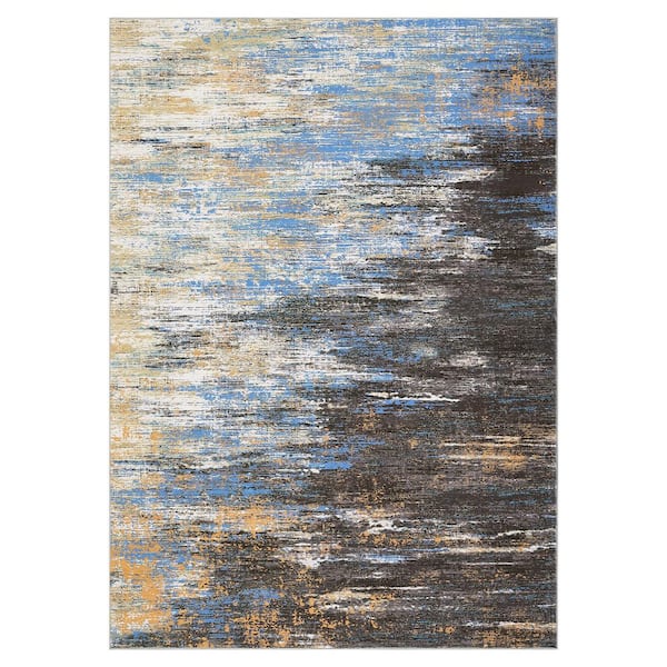Blue Brown 8 ft. x 10 ft. Modern Abstract Soft Washable Polyester Area Rug