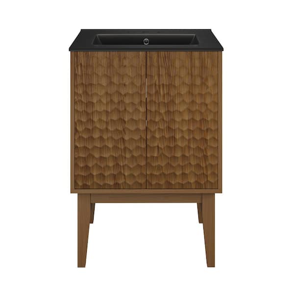 Swiss Madison Bosse 24 in. Freestanding Bathroom Vanity in Brown Oak with Black Ceramic 3-Hole Centerset Sink Top