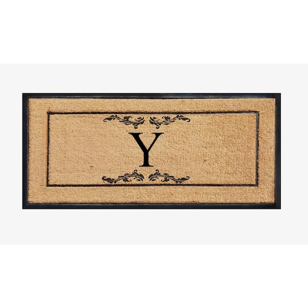 A1 Home Collections A1HC Scroll Leaf Picture Frame Black/Beige 30 in. x 60 in. Coir & Rubber Large Outdoor Monogrammed Y Door Mat