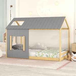 Gray+Natural Twin Size House Bed Frame, Twin Floor Bed Montessori Bed Frame with Roof and Window for Kids, Girls, Boys