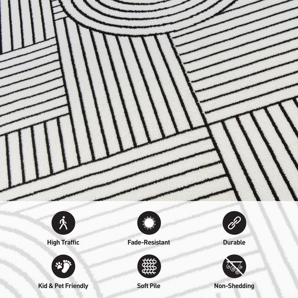 Cream and Black Abstract Synthetic Runner Rug, 2'x7'