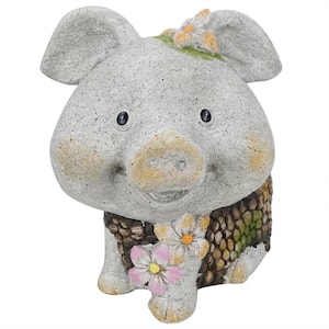 13 in. Smiling Pig Statue Ceramic Planter with Drainage Hole, Gray, MGO