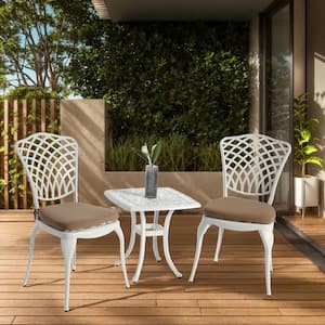 3-Piece Cast Aluminum Square Table White Outdoor Bistro Set Armless Chairs with Brown Cushion