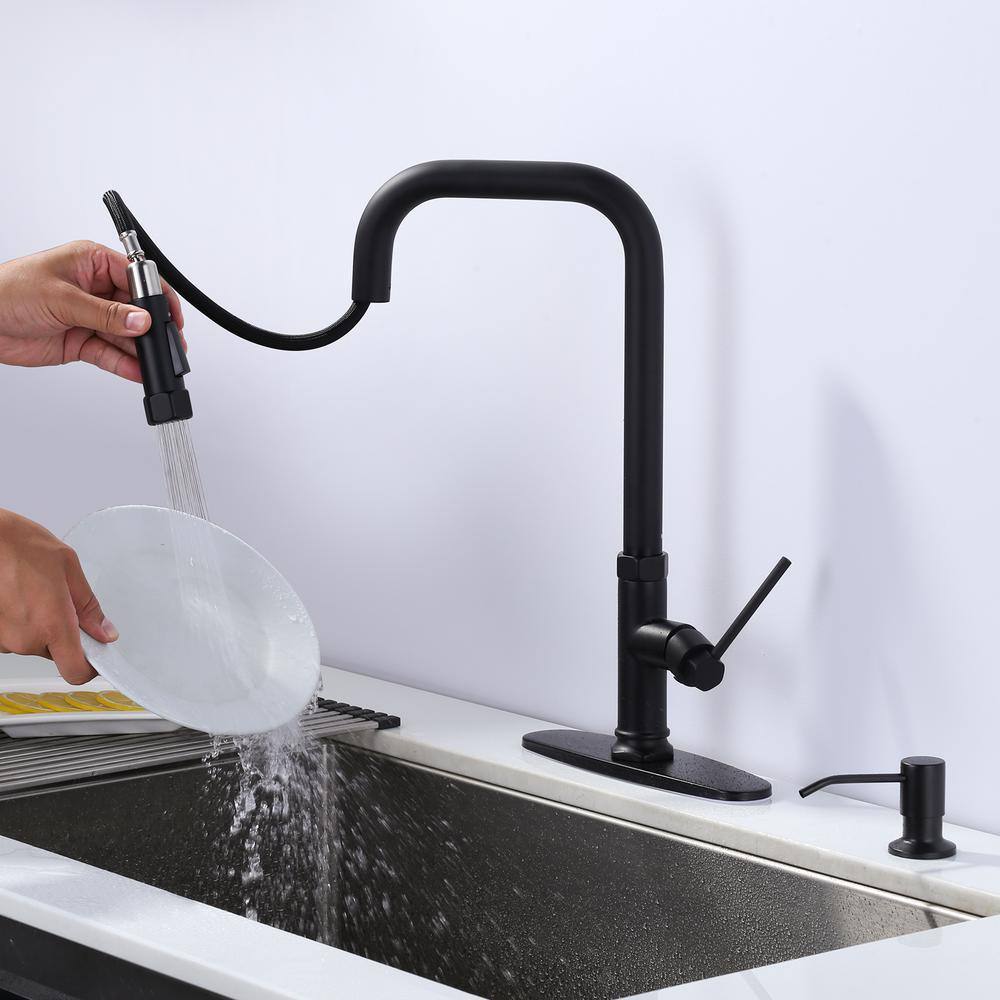Matte Black Stainless Steel Pull-Out Spray Kitchen Faucet with Soap Dispenser
