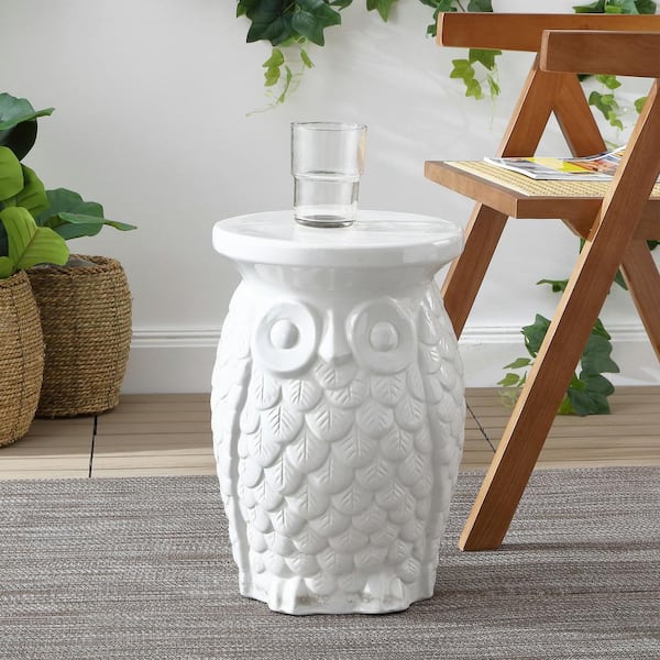 Jonathan Y Groovy Owl 17.5 Ceramic Garden Stool White