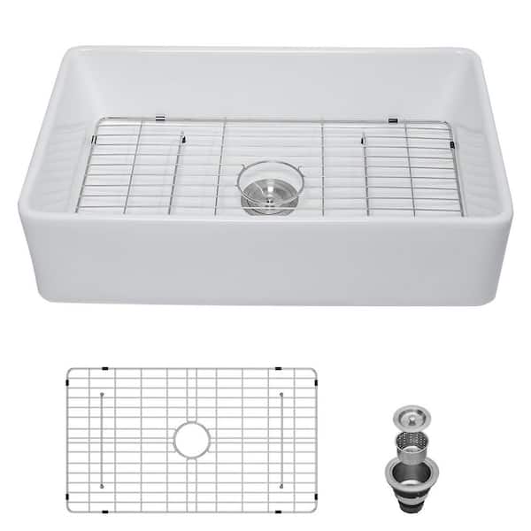 33 in. x 20 in. Undermount Farmhouse Ceramic White Single Bowl Apron Front Kitchen Sink with Sink Grid
