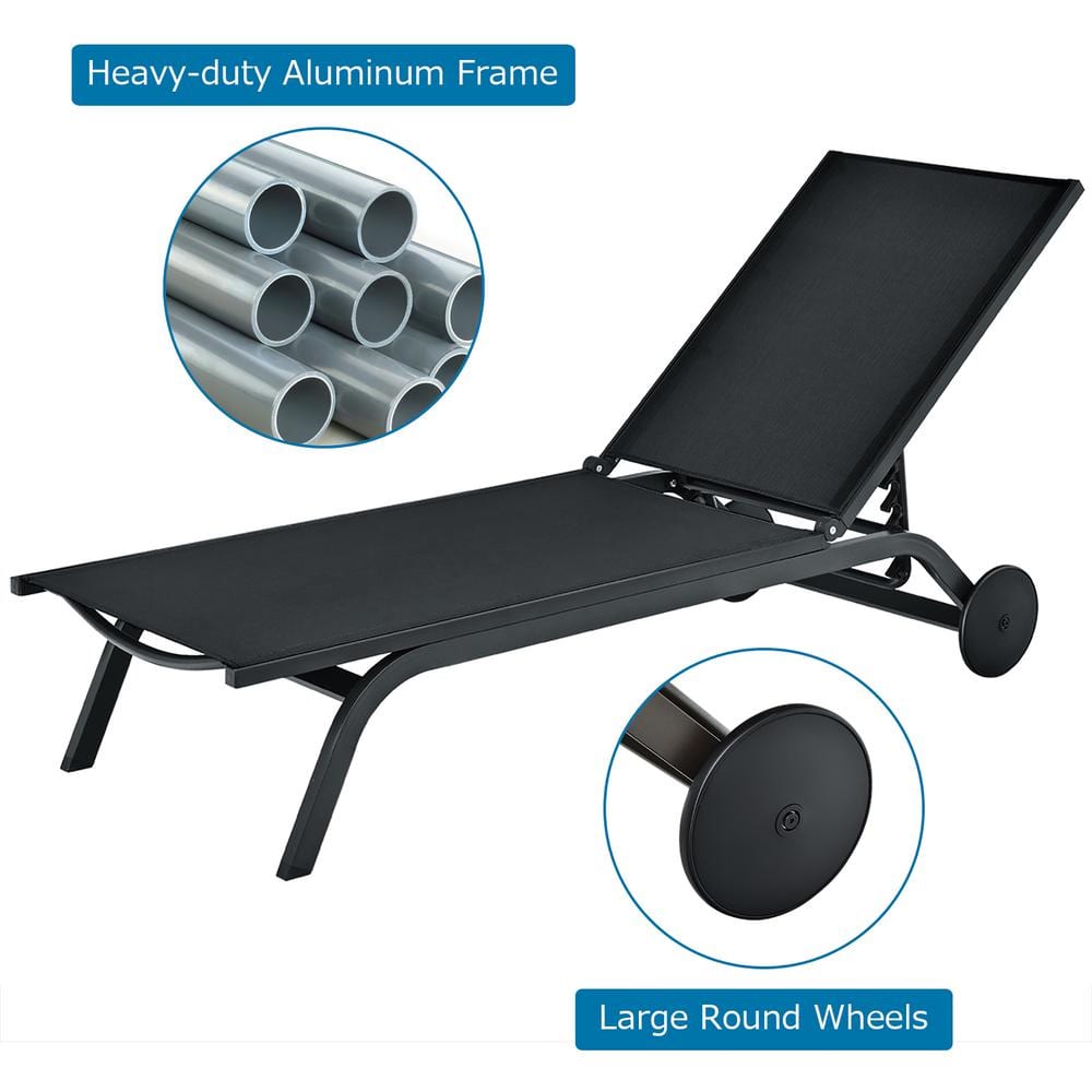 Sleek Black Aluminum Outdoor Chaise Lounge with Adjustable Backrest