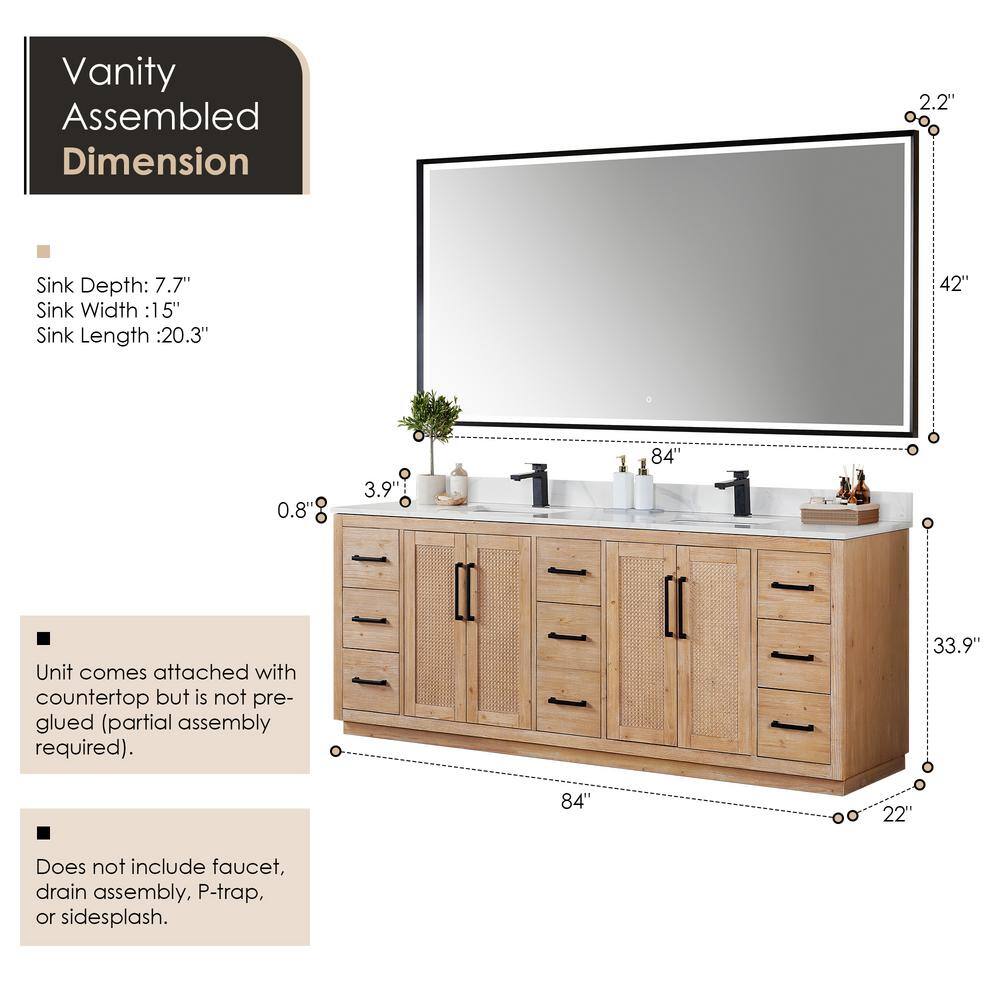 Floral 84" Light Brown Fir Wood Vanity with Calacatta White Quartz Top and Mirror