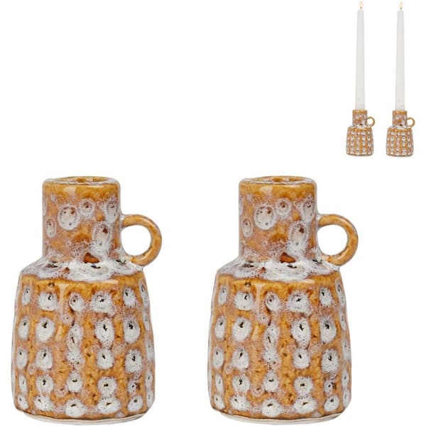 Set of 2 Orange Ceramic Taper Candle Holders with Handle Boho Farmhouse Vintage Table Decor