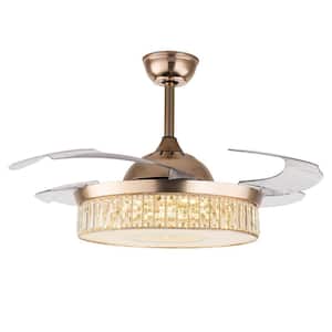42 in. Modern Indoor LED Retractable Gold 3-Color Change Crystal Lampshade Ceiling Fan Light