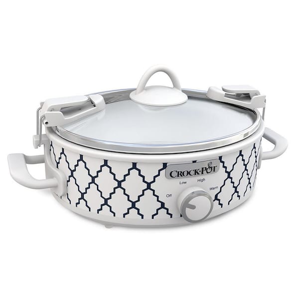 Casserole Crock 2.5 Qt. White and Blue Slow Cooker with Locking Lid