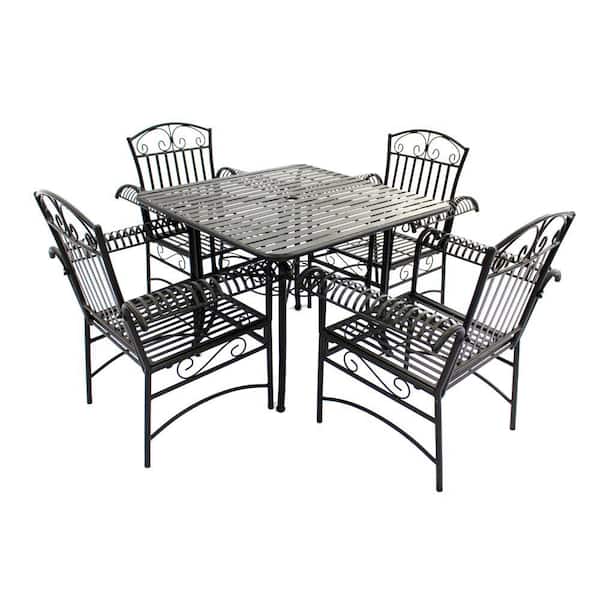 Courtyard Casual Black 5-Piece Steel French Quarter Outdoor 38 in. Square Dining Set with 1 Table and 4 Arm Chairs