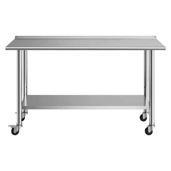 Stainless Steel Work Table 24 x 60 in., Wheels, Backsplash, Adjustable Shelf, Kitchen Prep Table for Restaurant