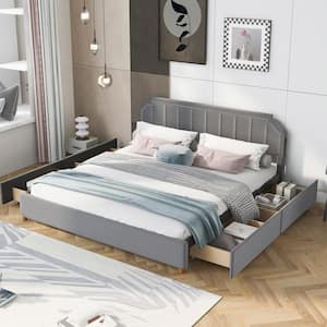 Gray Wood Frame King Size Upholstery Platform Bed with Four Storage Drawers