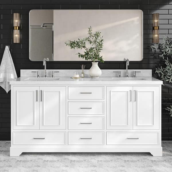 ARIEL Stafford 73 in. W x 22 in. D x 36 in. H Double Sink Freestanding Bath Vanity in White with Carrara White Marble Top