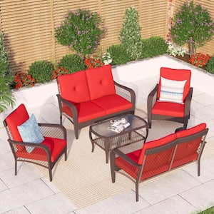 Black 5-Pieces Metal Patio Conversation Sectional Seating Set with CushionGuard Red Cushions