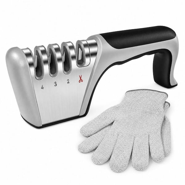 4-Stage Diamond and Ceramic Manual Knife Sharpener with Cut-Resistant Glove(Black and Silver)