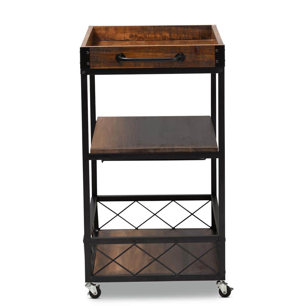 Capri Rustic Oak and Black Metal Mobile Bar Cart with Wine Storage